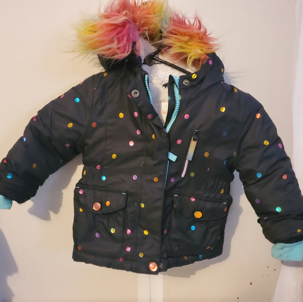 Girl's Cat & Jack Rainbow Fur Hood Winter Coat Black - 2T